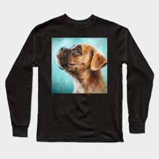 Painting of a Brown and White Boxer Dog on Green Background Long Sleeve T-Shirt